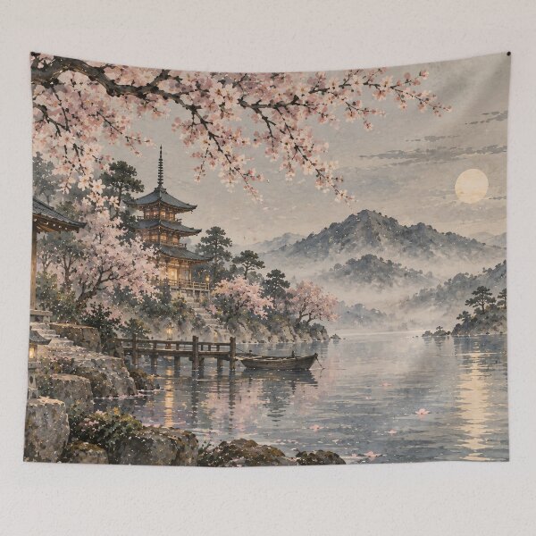 Item preview, Japanese Moonlit Watercolor Pagoda Cherry Blossom Lake designed and sold by Jozefin's Studio.