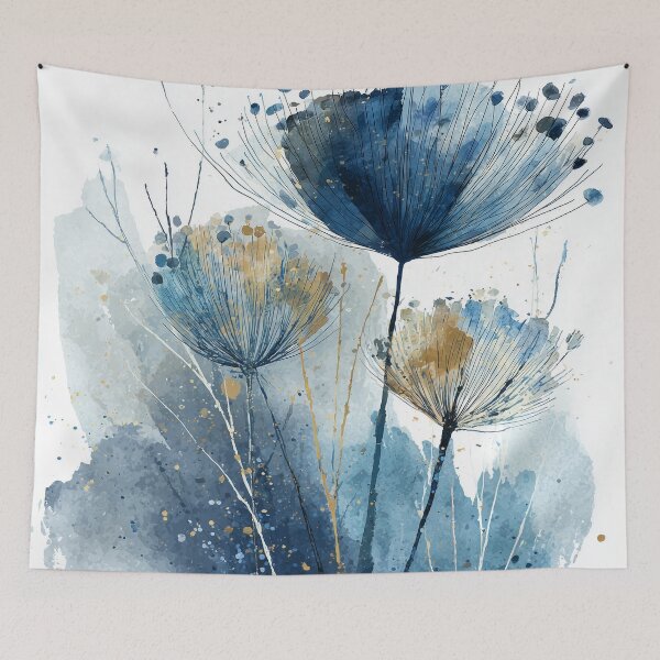 Item preview, Dried Flower Botanical Art Indigo Blue and Gold Seed Head Silhouettes Print designed and sold by solynneart.