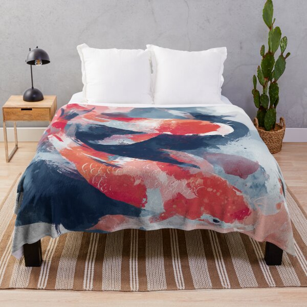 Item preview, Koi Fish Watercolor Painting Red and Navy Blue Japanese Carp Pond Art designed and sold by solynneart.