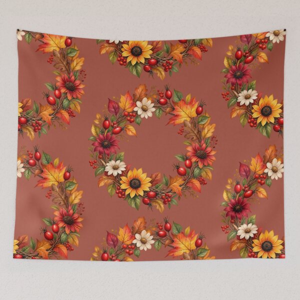 Item preview, Autumn Harvest Wreath with Sunflowers, Rose Hips & Fall Leaves designed and sold by blankTeeShirt.