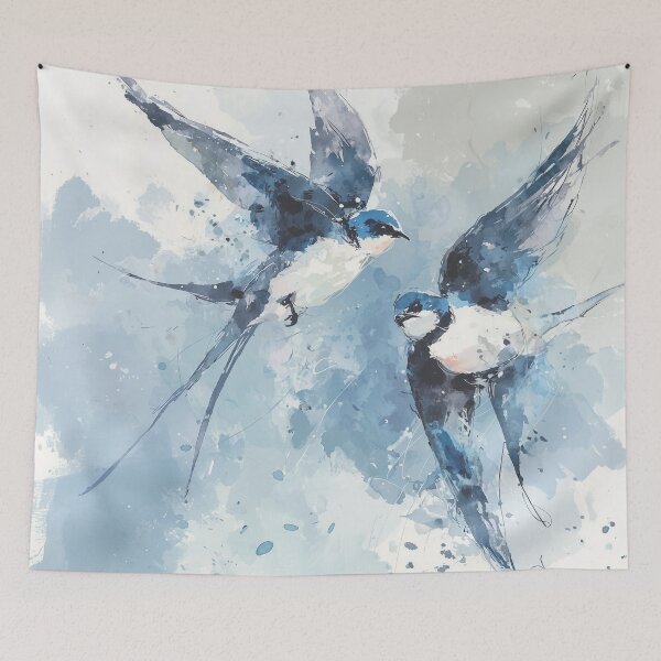 Item preview, Swallow Birds in Flight Watercolor Pair of Blue Swallows Ink Sketch Wall Art designed and sold by solynneart.