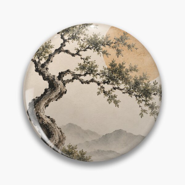 Item preview, Japanese Ink Painting Gnarled Tree Golden Sun Mountains designed and sold by Jozefin's Studio.