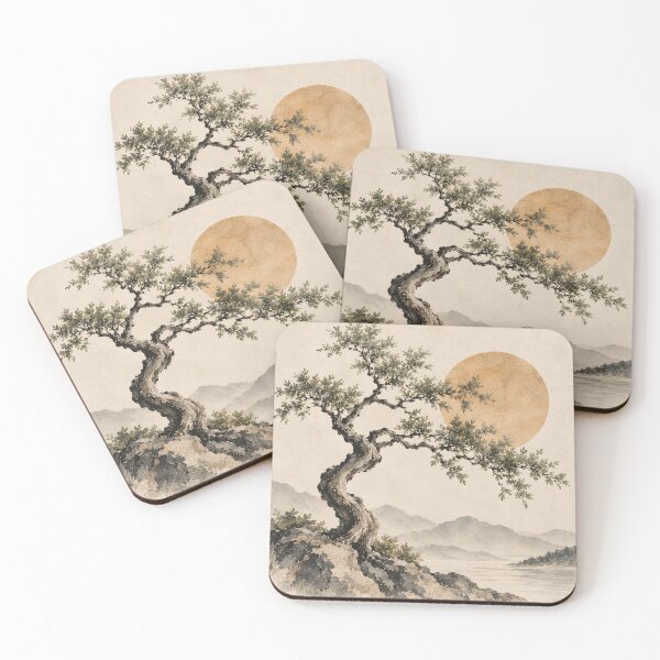 Item preview, Japanese Ink Painting Gnarled Tree Golden Sun Mountains designed and sold by Jozefin's Studio.