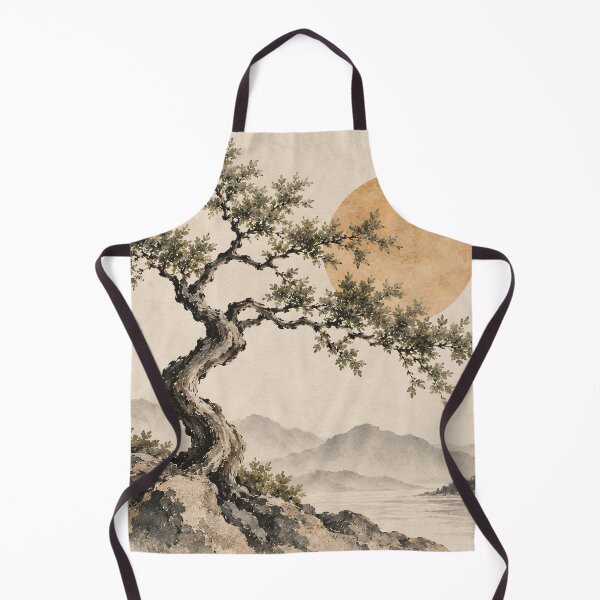 Item preview, Japanese Ink Painting Gnarled Tree Golden Sun Mountains designed and sold by Jozefin's Studio.