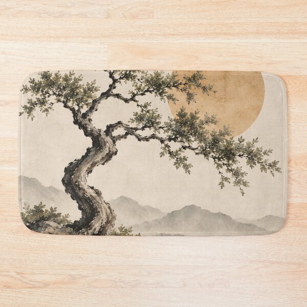 Item preview, Japanese Ink Painting Gnarled Tree Golden Sun Mountains designed and sold by Jozefin's Studio.