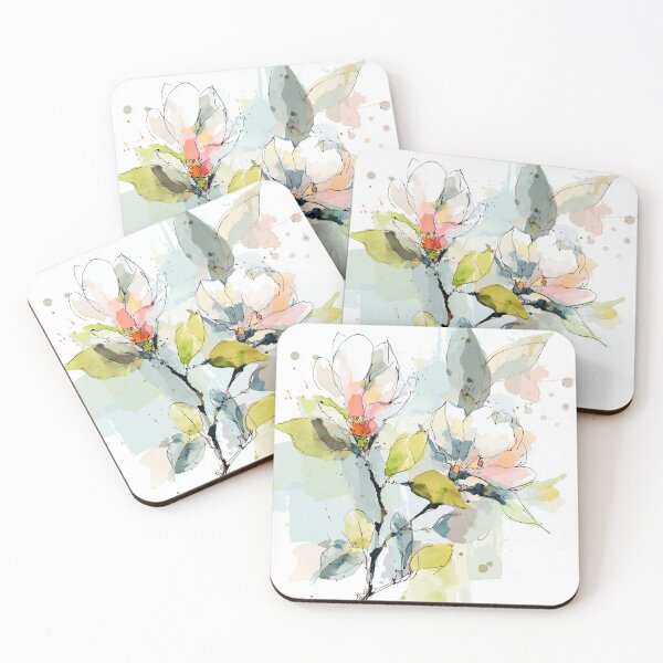 Item preview, Magnolia Branch Line Art Watercolor Blush Pink and Chartreuse Floral Print designed and sold by solynneart.
