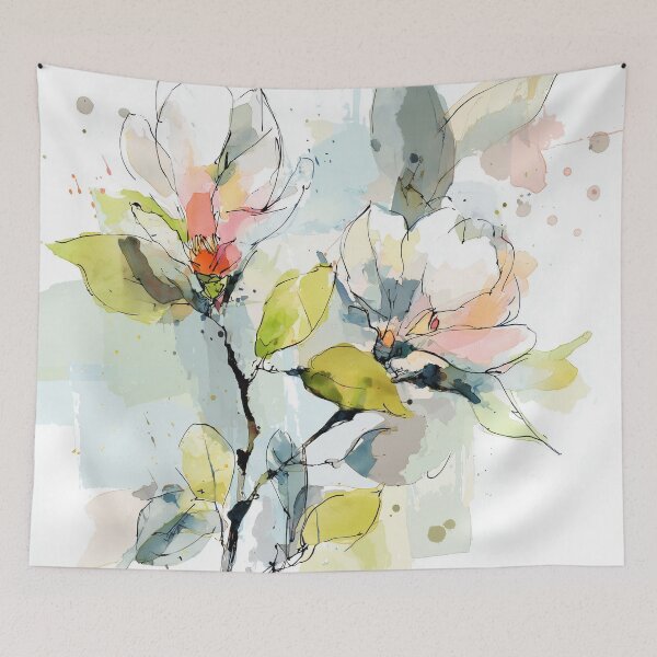 Item preview, Magnolia Branch Line Art Watercolor Blush Pink and Chartreuse Floral Print designed and sold by solynneart.