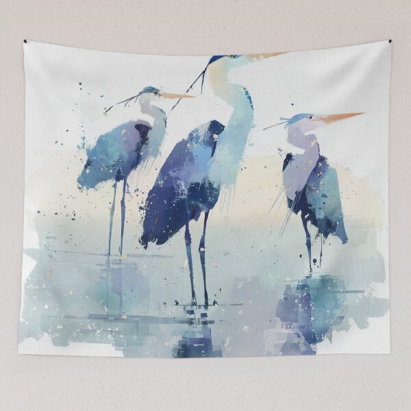 Item preview, Blue Heron Painting Three Herons Wading in Water Indigo Coastal Bird Art designed and sold by solynneart.