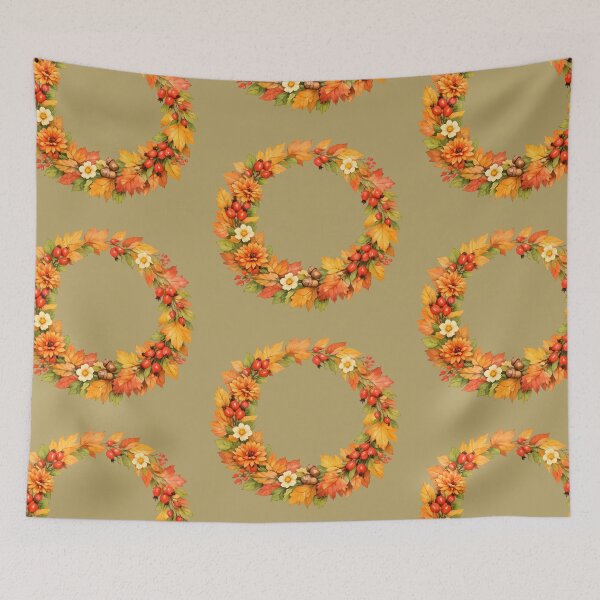 Item preview, Autumn Harvest Wreath with Fall Leaves, Rose Hips & Acorns designed and sold by blankTeeShirt.