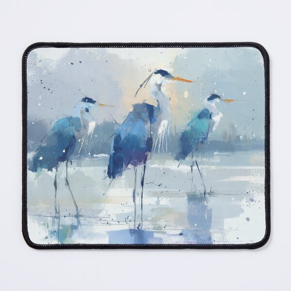 Item preview, Impressionist Heron Art Three Herons in Morning Mist Cobalt Blue Wall Print designed and sold by solynneart.