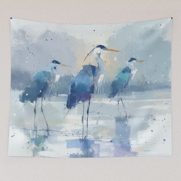 Item preview, Impressionist Heron Art Three Herons in Morning Mist Cobalt Blue Wall Print designed and sold by solynneart.