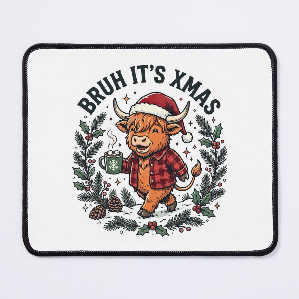 Item preview, Bruh Its Xmas - Highland cow wearing Santa hat designed and sold by Steele-Art.