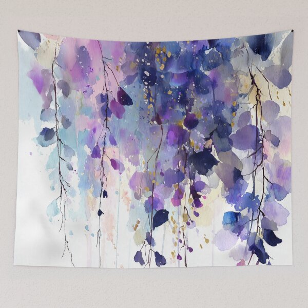 Item preview, Wisteria Watercolor Painting Cascading Purple Blooms Violet and Gold Floral Art designed and sold by solynneart.
