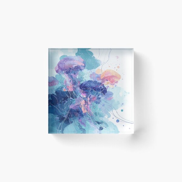 Item preview, Jellyfish Watercolor Art Turquoise Violet and Coral Ocean Abstract Wall Print designed and sold by solynneart.