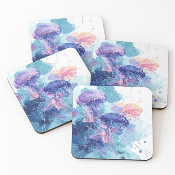 Item preview, Jellyfish Watercolor Art Turquoise Violet and Coral Ocean Abstract Wall Print designed and sold by solynneart.