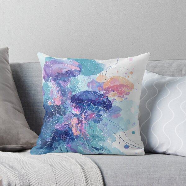 Item preview, Jellyfish Watercolor Art Turquoise Violet and Coral Ocean Abstract Wall Print designed and sold by solynneart.