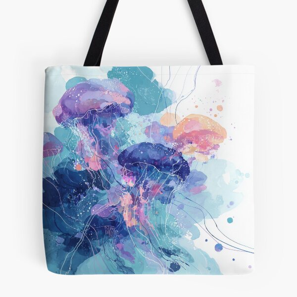 Item preview, Jellyfish Watercolor Art Turquoise Violet and Coral Ocean Abstract Wall Print designed and sold by solynneart.