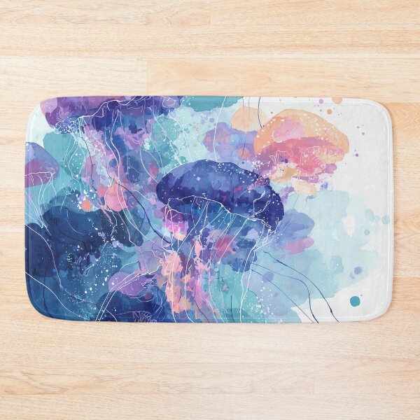 Item preview, Jellyfish Watercolor Art Turquoise Violet and Coral Ocean Abstract Wall Print designed and sold by solynneart.