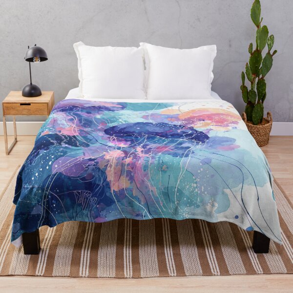 Item preview, Jellyfish Watercolor Art Turquoise Violet and Coral Ocean Abstract Wall Print designed and sold by solynneart.