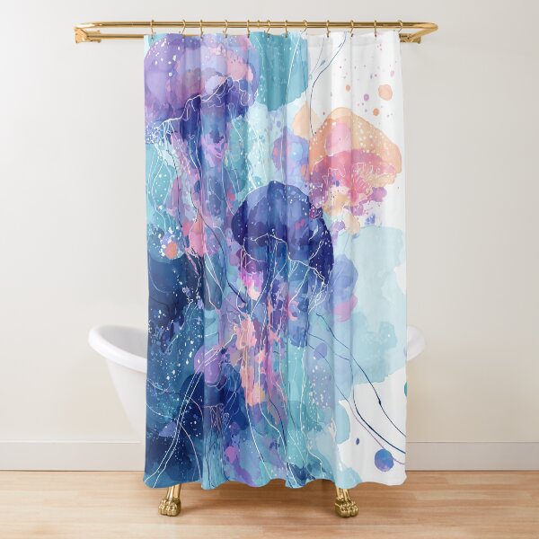 Item preview, Jellyfish Watercolor Art Turquoise Violet and Coral Ocean Abstract Wall Print designed and sold by solynneart.