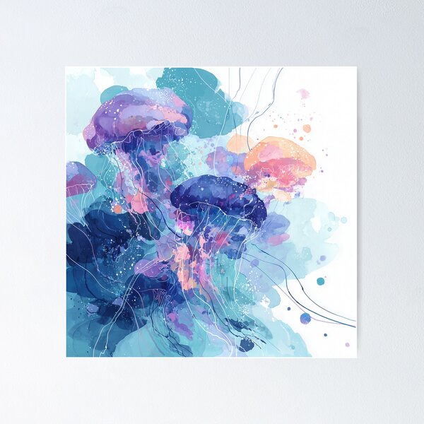 Item preview, Jellyfish Watercolor Art Turquoise Violet and Coral Ocean Abstract Wall Print designed and sold by solynneart.