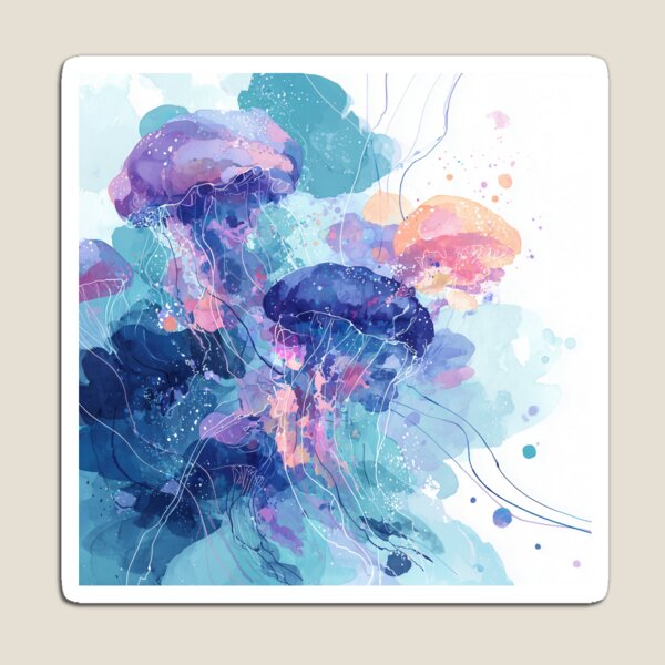 Item preview, Jellyfish Watercolor Art Turquoise Violet and Coral Ocean Abstract Wall Print designed and sold by solynneart.