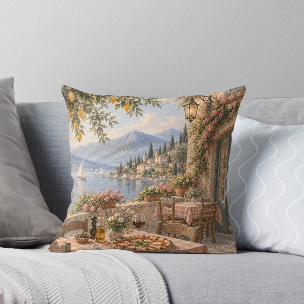 Item preview, Italian Pizzeria Terrace Oil Painting Mediterranean Lakeside Lemon designed and sold by Jozefin's Studio.