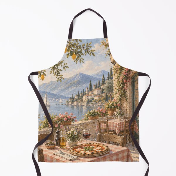 Item preview, Italian Pizzeria Terrace Oil Painting Mediterranean Lakeside Lemon designed and sold by Jozefin's Studio.