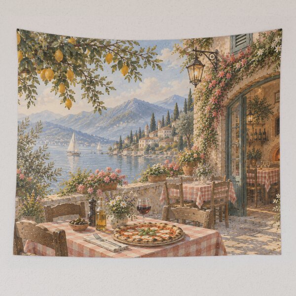 Item preview, Italian Pizzeria Terrace Oil Painting Mediterranean Lakeside Lemon designed and sold by Jozefin's Studio.