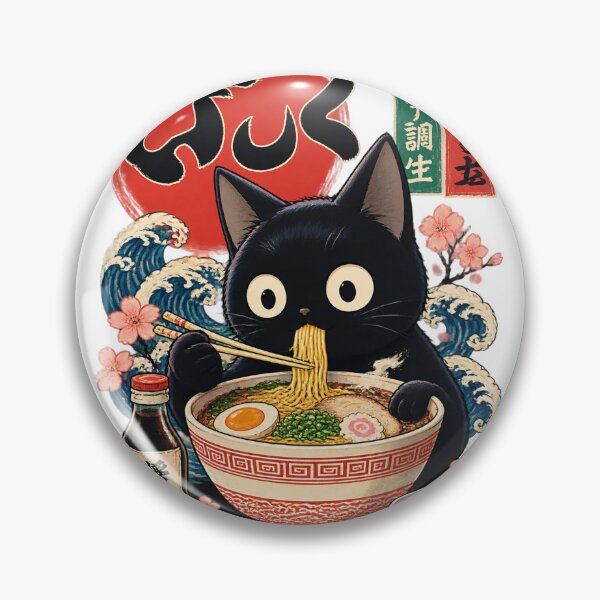 Item preview, Kawaii Black Cat Enjoying Ramen Bowl Cute Anime Style Illustration designed and sold by tracktech.