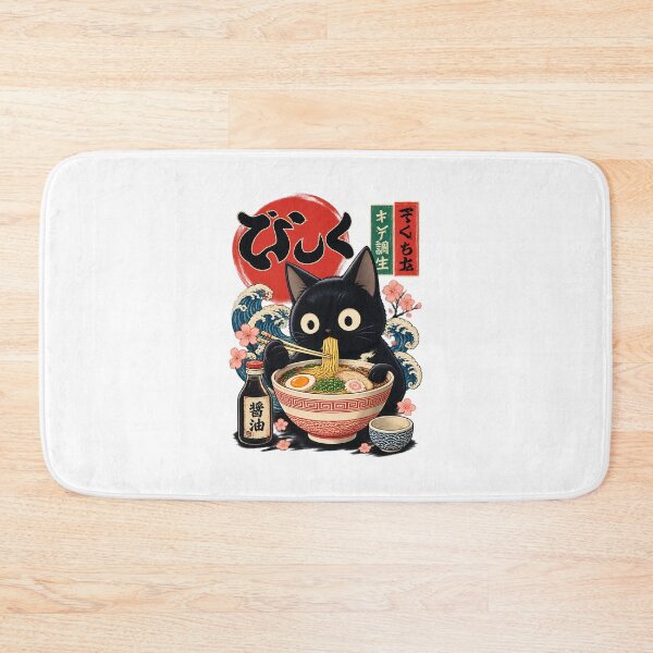 Item preview, Kawaii Black Cat Enjoying Ramen Bowl Cute Anime Style Illustration designed and sold by tracktech.