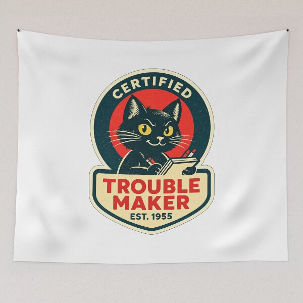 Item preview, Certified Trouble Maker Retro Cat Badge Illustration designed and sold by Analog Aura .