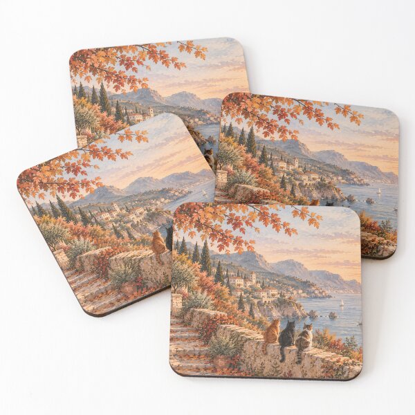 Item preview, Mediterranean Coastal Oil Painting Cats Autumn Sunset designed and sold by Jozefin's Studio.
