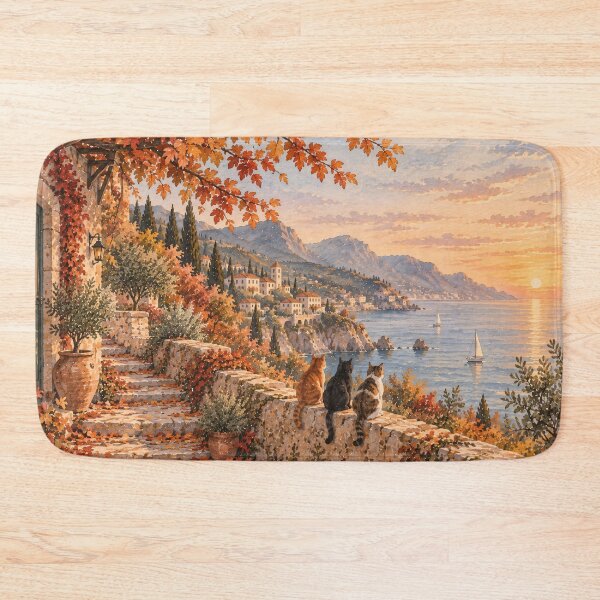 Item preview, Mediterranean Coastal Oil Painting Cats Autumn Sunset designed and sold by Jozefin's Studio.