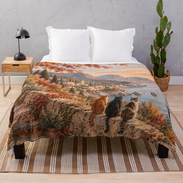 Item preview, Mediterranean Coastal Oil Painting Cats Autumn Sunset designed and sold by Jozefin's Studio.