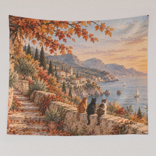 Item preview, Mediterranean Coastal Oil Painting Cats Autumn Sunset designed and sold by Jozefin's Studio.