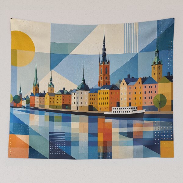 Item preview, A cubist painting of Stockholm, Sweden – A Beautiful city in Europe. designed and sold by GalleryKauffeld.