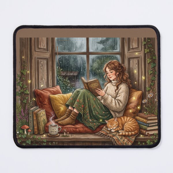 Item preview, Rainy Window Book Lover Cottagecore Reading Illustration designed and sold by SebastianSpace.