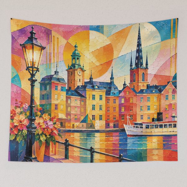 Item preview, A cubist painting of Stockholm, Sweden – A Beautiful city in Europe. designed and sold by GalleryKauffeld.
