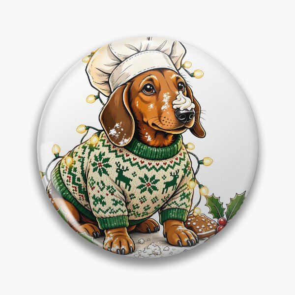 Item preview, Cozy Christmas Dachshund Baker in Ugly Sweater with Fairy Lights designed and sold by CraftyValley.