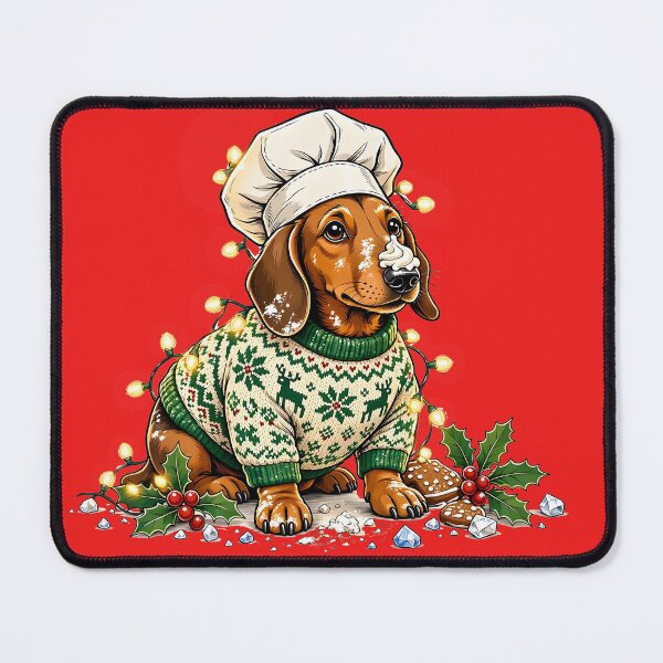 Item preview, Cozy Christmas Dachshund Baker in Ugly Sweater with Fairy Lights designed and sold by CraftyValley.