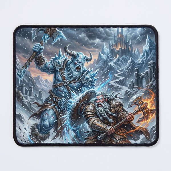 Item preview, Dwarf vs Frost Giant - Fantasy Battle Art designed and sold by Lucid Dream Pixel.