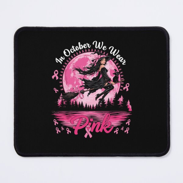 Item preview, Spooky Halloween witch flying on a broom with her black cat against a pink full moon in support of Breast Cancer Awareness Month. designed and sold by Designart68.