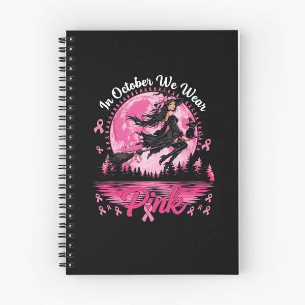 Item preview, Spooky Halloween witch flying on a broom with her black cat against a pink full moon in support of Breast Cancer Awareness Month. designed and sold by Designart68.