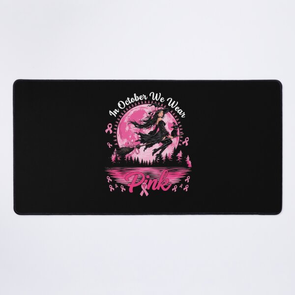 Item preview, Spooky Halloween witch flying on a broom with her black cat against a pink full moon in support of Breast Cancer Awareness Month. designed and sold by Designart68.