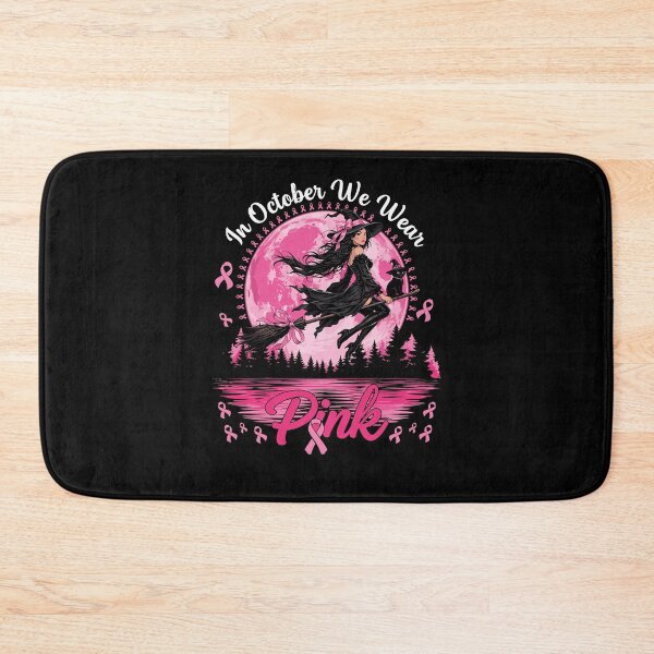 Item preview, Spooky Halloween witch flying on a broom with her black cat against a pink full moon in support of Breast Cancer Awareness Month. designed and sold by Designart68.