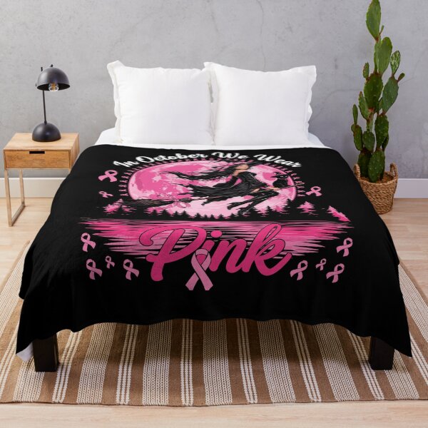Item preview, Spooky Halloween witch flying on a broom with her black cat against a pink full moon in support of Breast Cancer Awareness Month. designed and sold by Designart68.