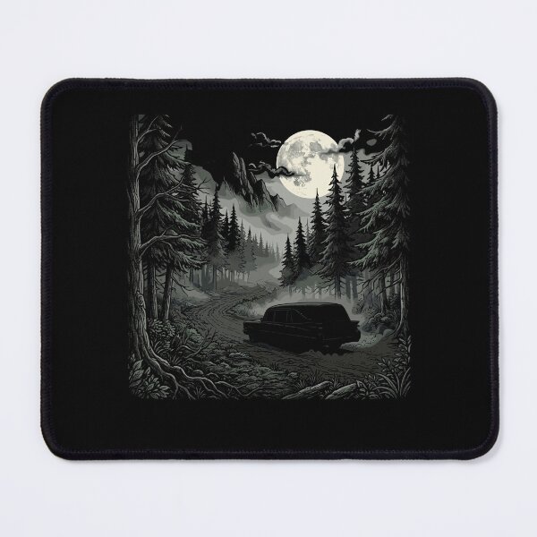 Item preview, Spooky vintage hearse driving along a winding road through a dark pine forest designed and sold by Designart68.