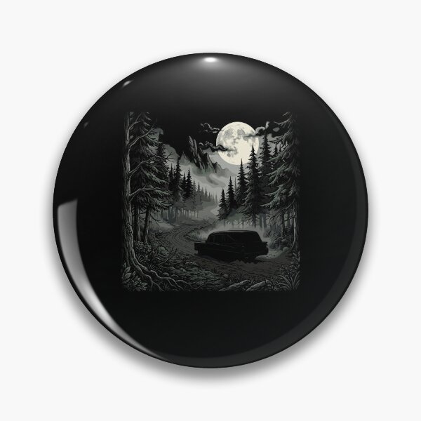 Item preview, Spooky vintage hearse driving along a winding road through a dark pine forest designed and sold by Designart68.