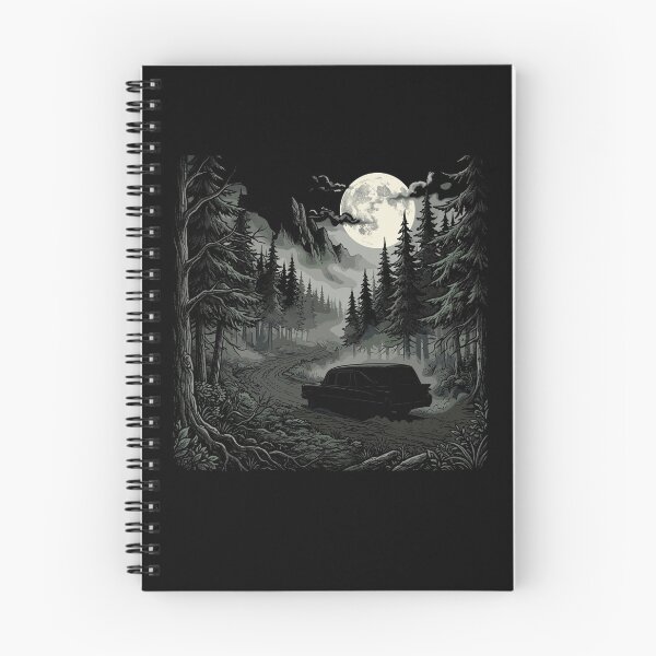 Item preview, Spooky vintage hearse driving along a winding road through a dark pine forest designed and sold by Designart68.